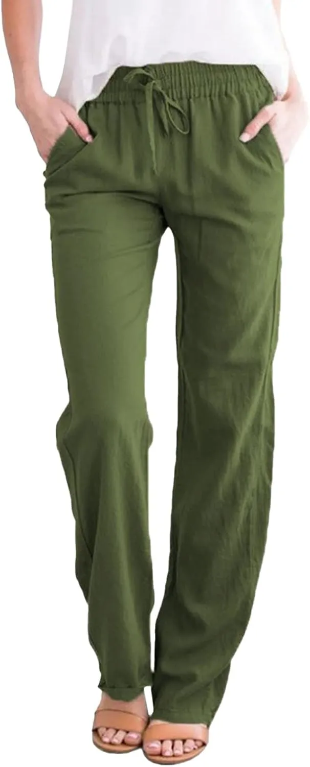 Women's Cotton Linen Straight Leg Pants Casual Summer Loose Sweatpants Tapered Ankle Capris Cropped Beach Trousers