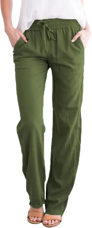 Women's Cotton Linen Straight Leg Pants Casual Summer Loose Sweatpants Tapered Ankle Capris Cropped Beach Trousers
