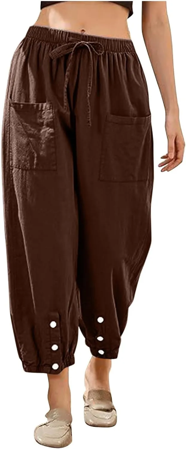 Womens Cotton Linen Summer Drawstring Palazzo Lounge Pants Low Waist Ankle Length Slim-Fit Trousers Trendy