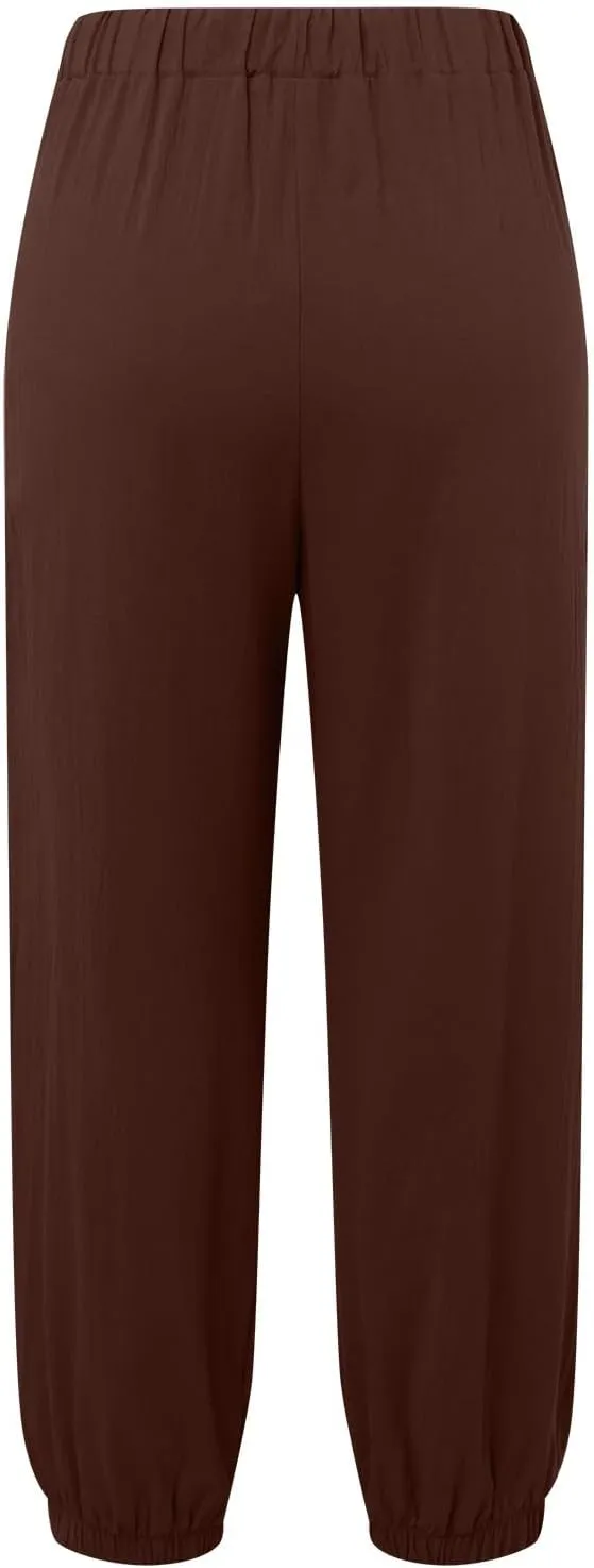 Womens Cotton Linen Summer Drawstring Palazzo Lounge Pants Low Waist Ankle Length Slim-Fit Trousers Trendy