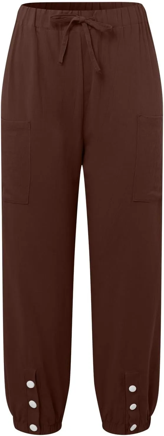 Womens Cotton Linen Summer Drawstring Palazzo Lounge Pants Low Waist Ankle Length Slim-Fit Trousers Trendy