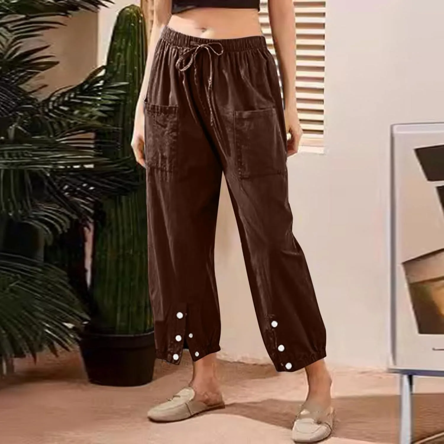 Womens Cotton Linen Summer Drawstring Palazzo Lounge Pants Low Waist Ankle Length Slim-Fit Trousers Trendy