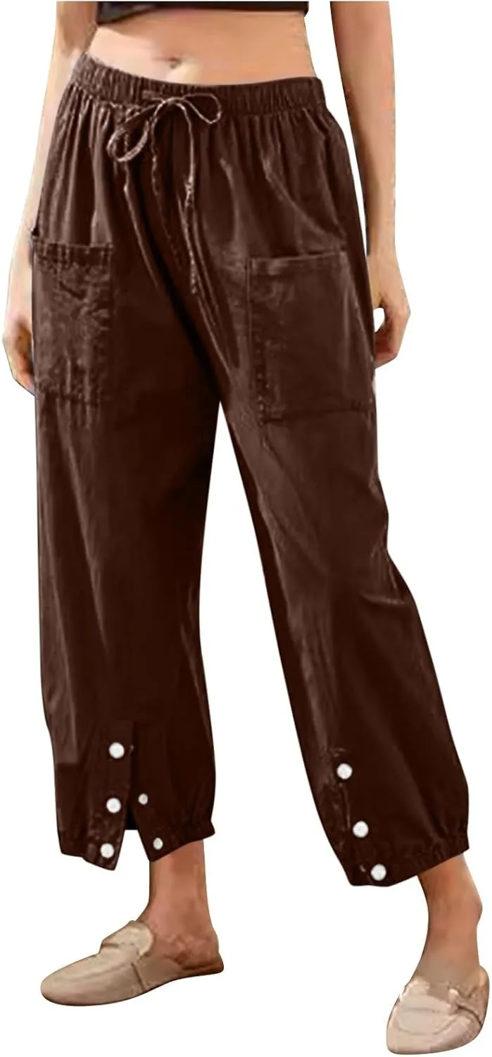 Womens Cotton Linen Summer Drawstring Palazzo Lounge Pants Low Waist Ankle Length Slim-Fit Trousers Trendy