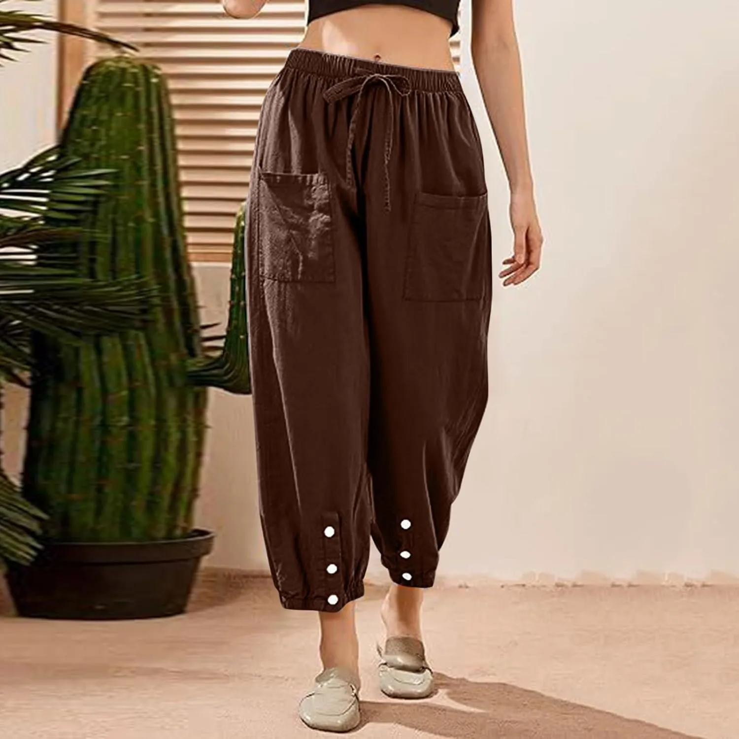 Womens Cotton Linen Summer Drawstring Palazzo Lounge Pants Low Waist Ankle Length Slim-Fit Trousers Trendy