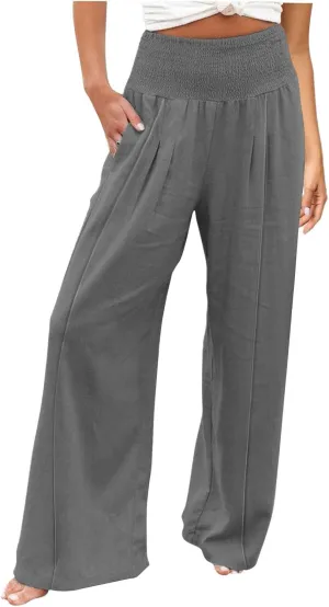 Women's Cotton Linen Summer Flowy Palazzo Lounge Pants Low Waist Ankle Length Loose Fit Palazzo Pants Work Business