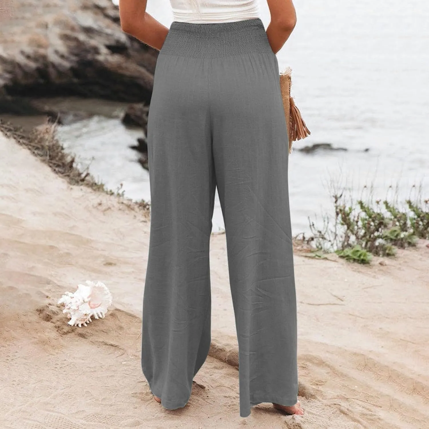 Women's Cotton Linen Summer Flowy Palazzo Lounge Pants Low Waist Ankle Length Loose Fit Palazzo Pants Work Business