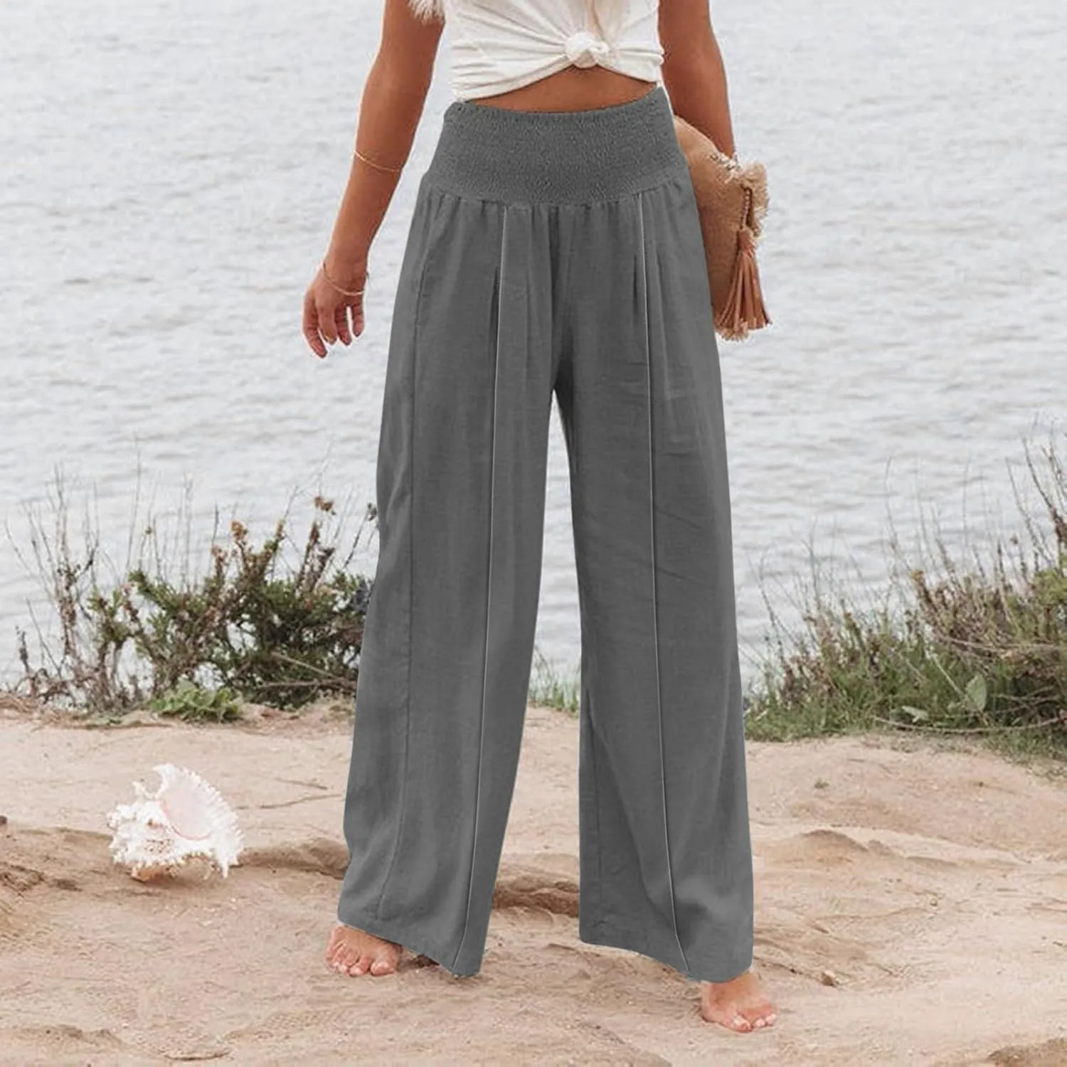 Women's Cotton Linen Summer Flowy Palazzo Lounge Pants Low Waist Ankle Length Loose Fit Palazzo Pants Work Business