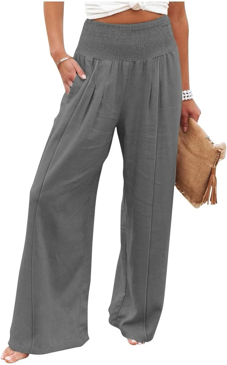 Women's Cotton Linen Summer Flowy Palazzo Lounge Pants Low Waist Ankle Length Loose Fit Palazzo Pants Work Business