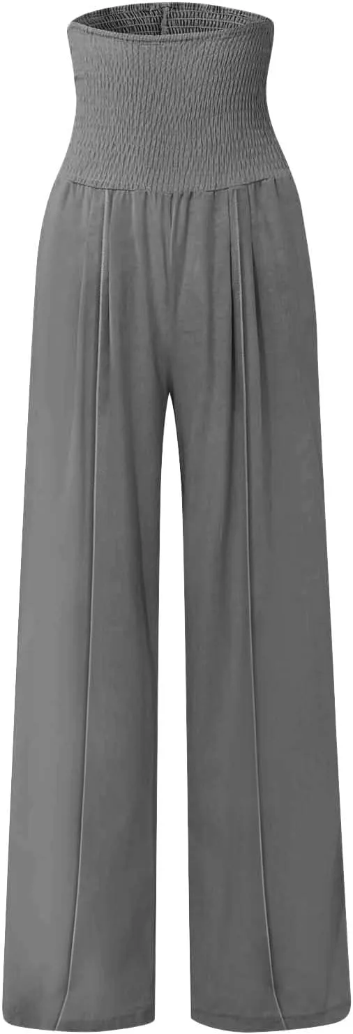 Women's Cotton Linen Summer Flowy Palazzo Lounge Pants Low Waist Ankle Length Loose Fit Palazzo Pants Work Business