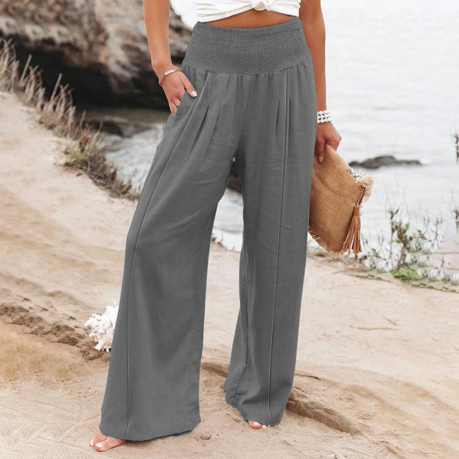 Women's Cotton Linen Summer Flowy Palazzo Lounge Pants Low Waist Ankle Length Loose Fit Palazzo Pants Work Business