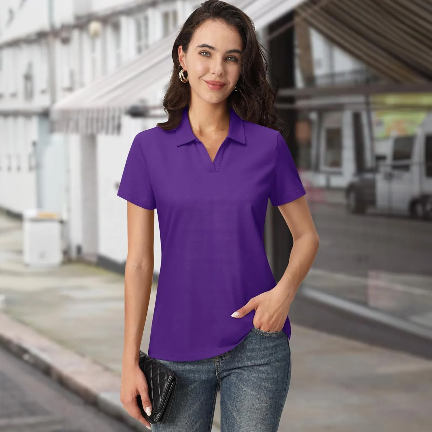 Women's Cotton V-Neck Polo Shirt | Short Sleeve Casual Golf & Work Tee
