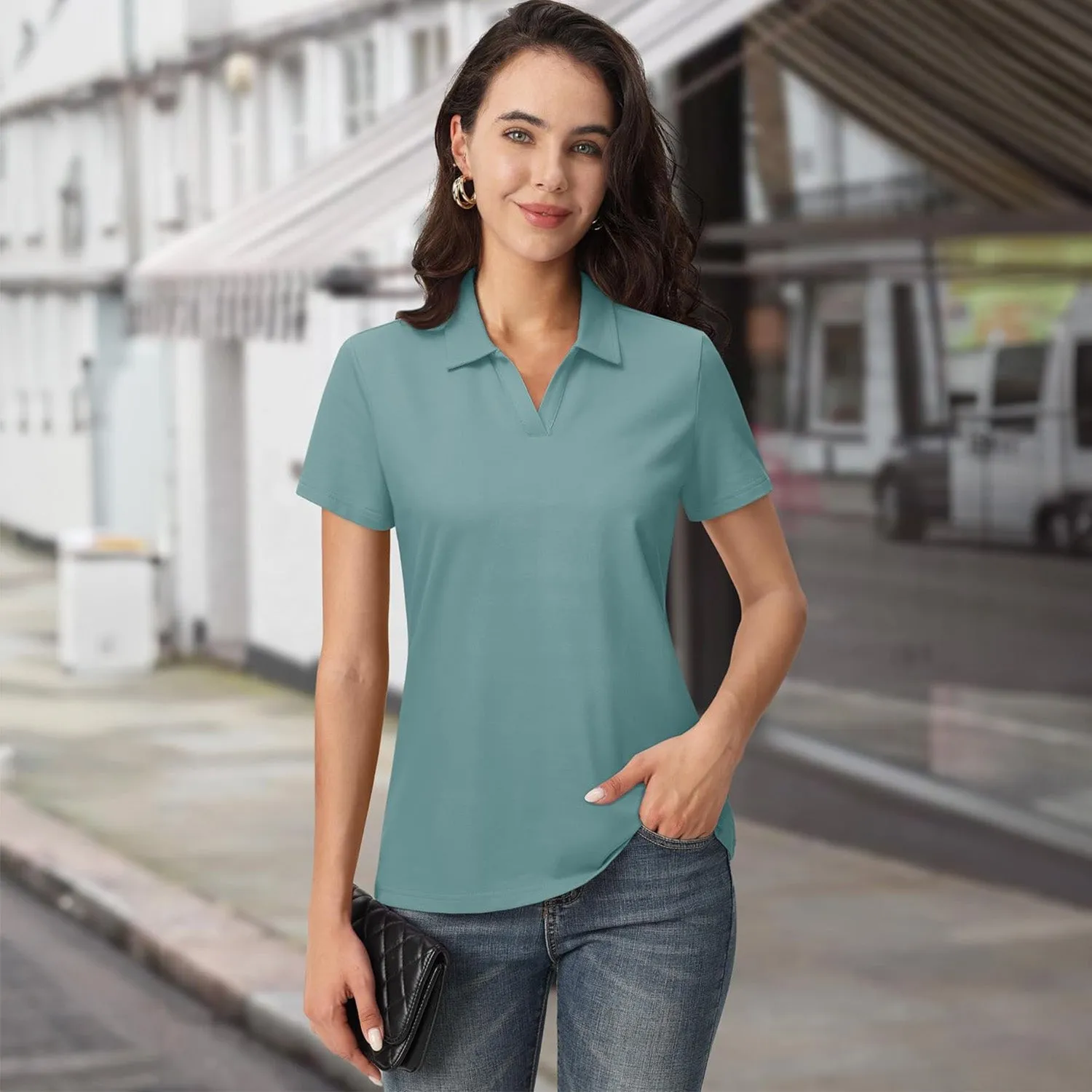 Women's Cotton V-Neck Polo Shirt | Short Sleeve Casual Golf & Work Tee