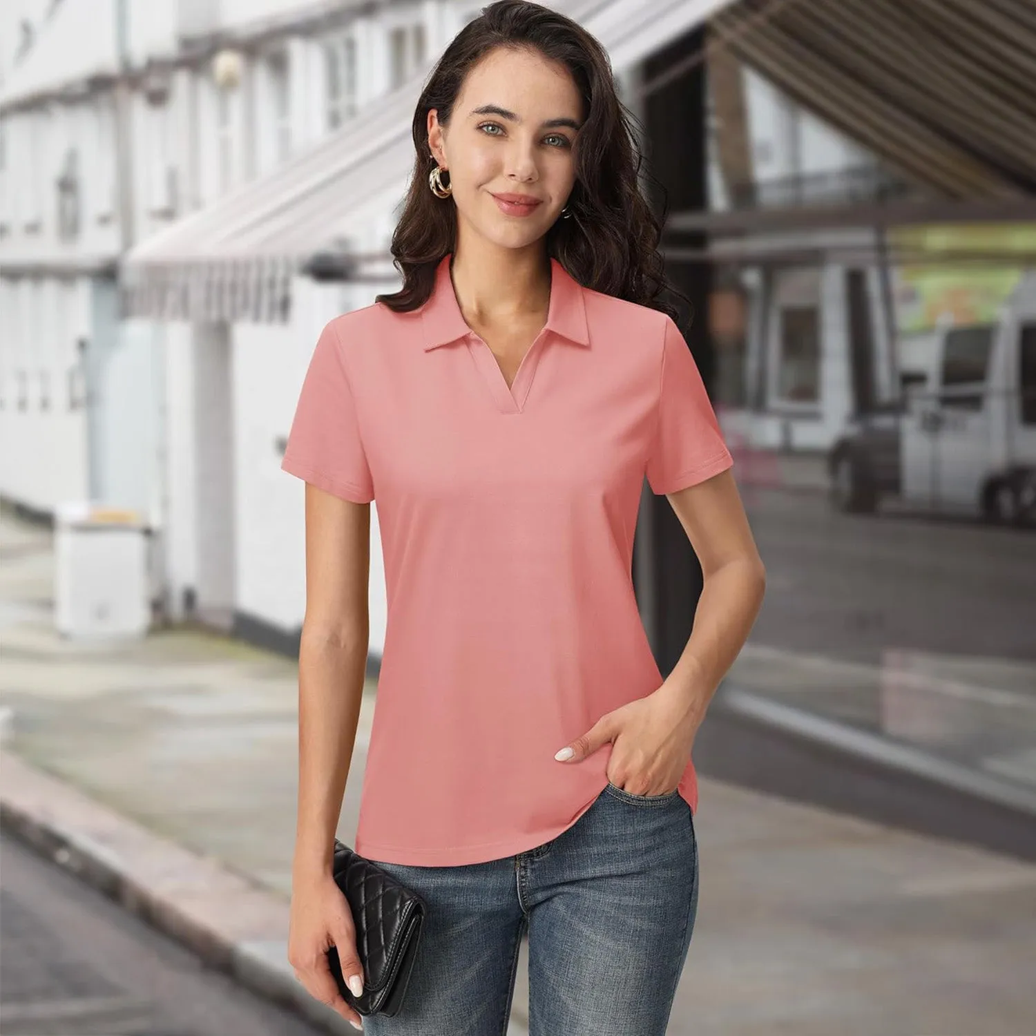 Women's Cotton V-Neck Polo Shirt | Short Sleeve Casual Golf & Work Tee