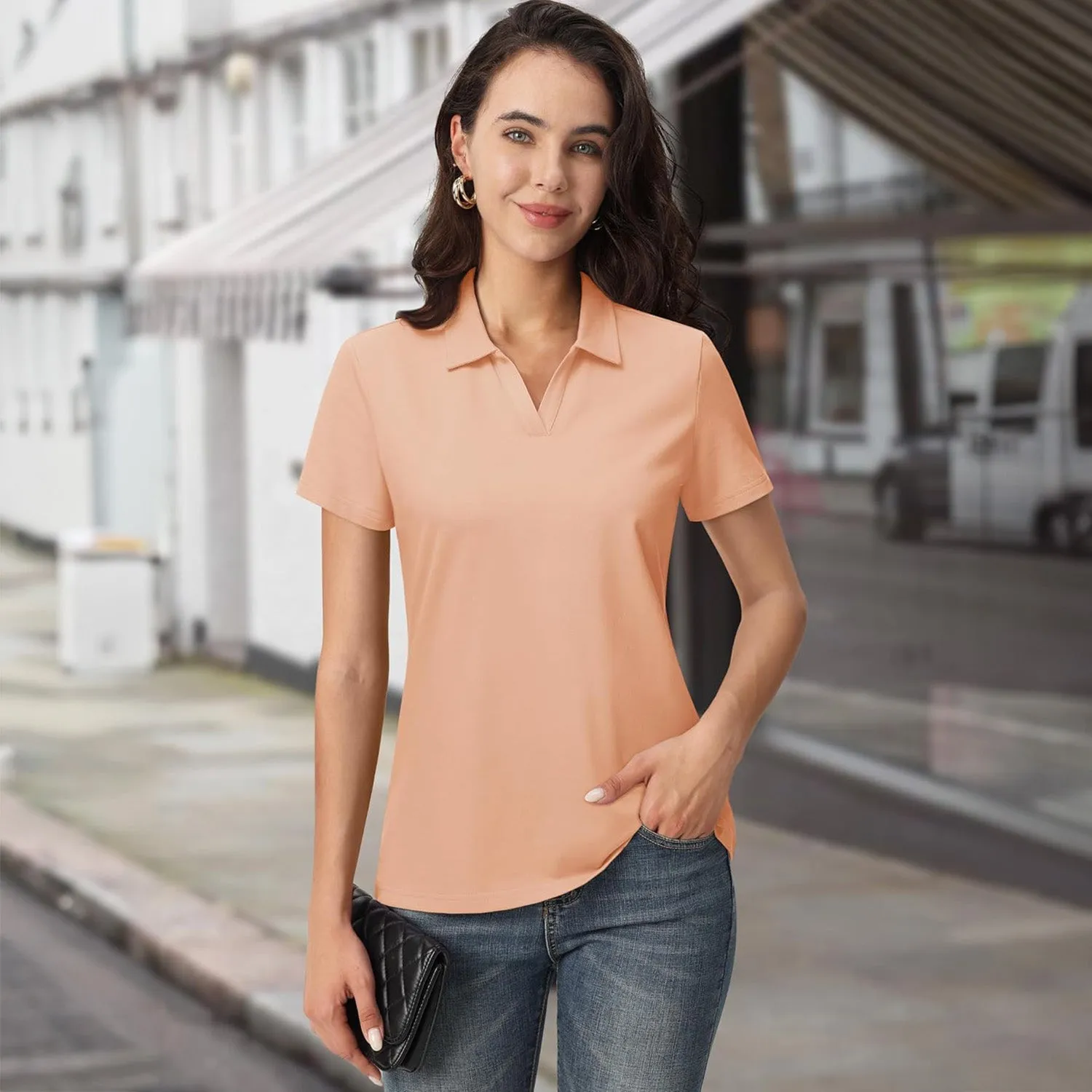 Women's Cotton V-Neck Polo Shirt | Short Sleeve Casual Golf & Work Tee