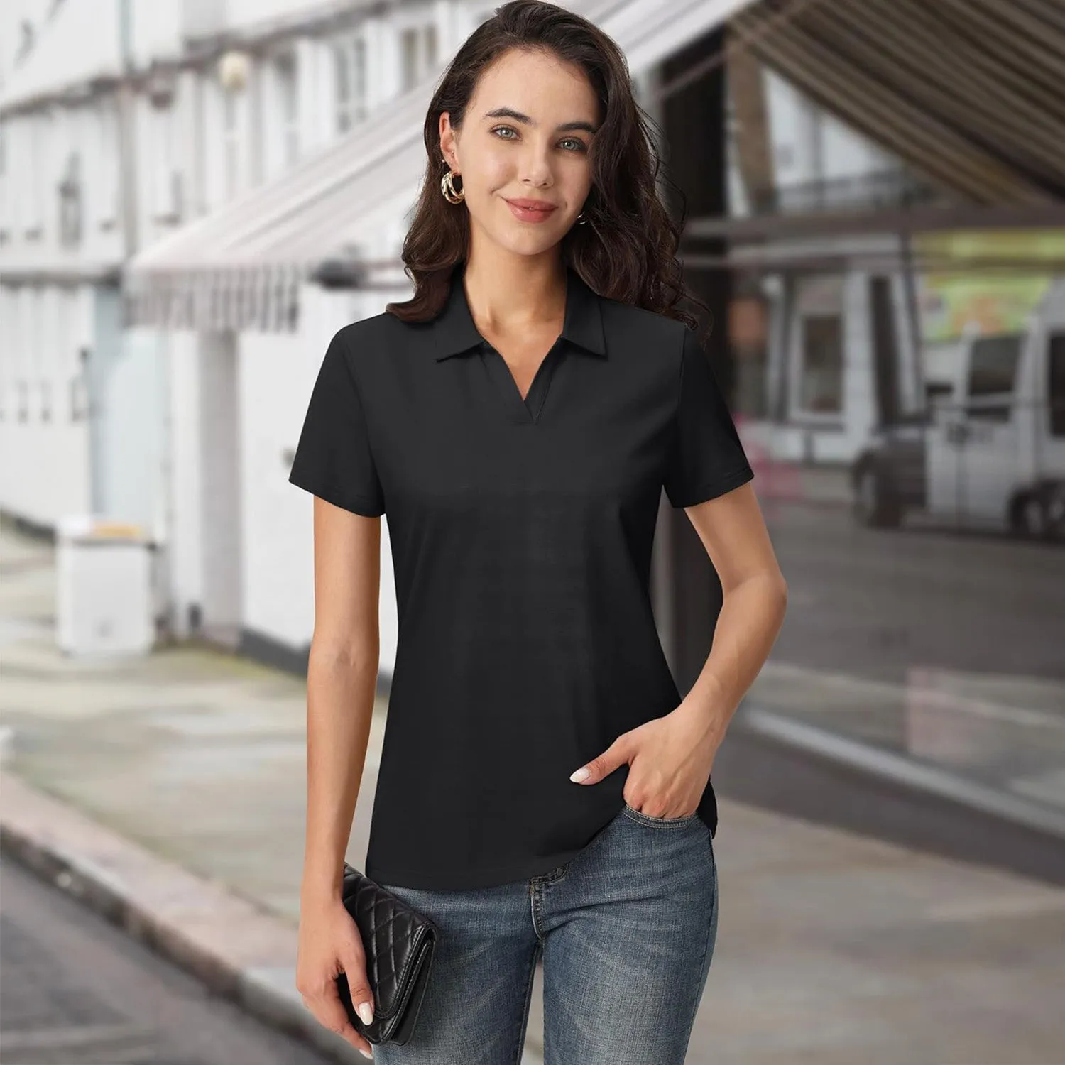 Women's Cotton V-Neck Polo Shirt | Short Sleeve Casual Golf & Work Tee