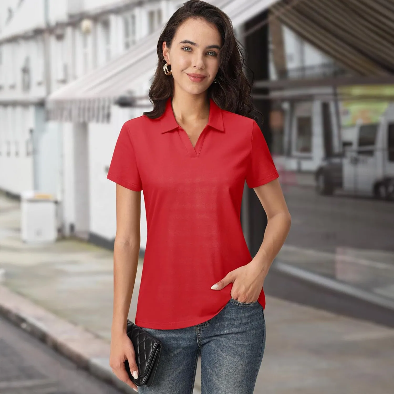 Women's Cotton V-Neck Polo Shirt | Short Sleeve Casual Golf & Work Tee