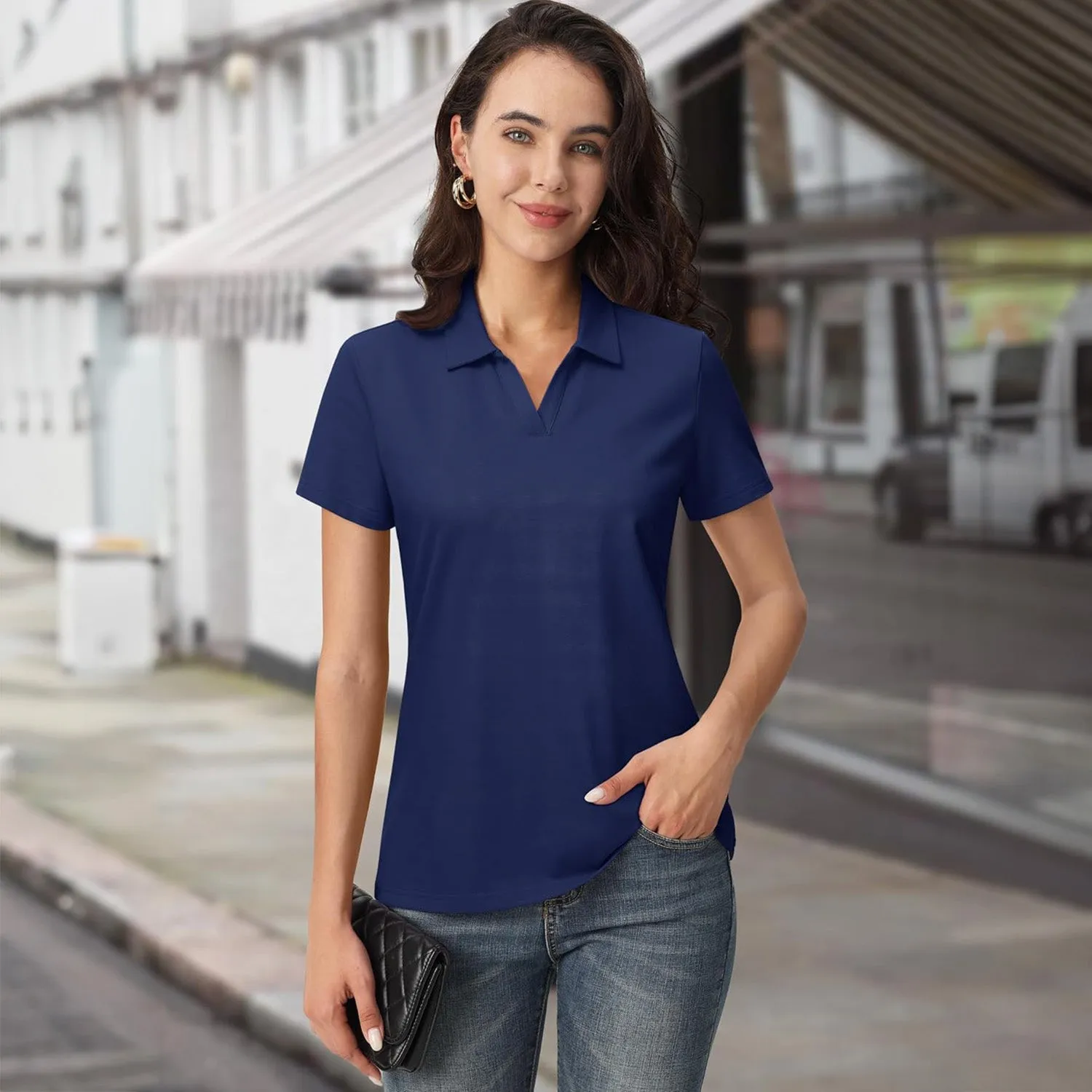 Women's Cotton V-Neck Polo Shirt | Short Sleeve Casual Golf & Work Tee
