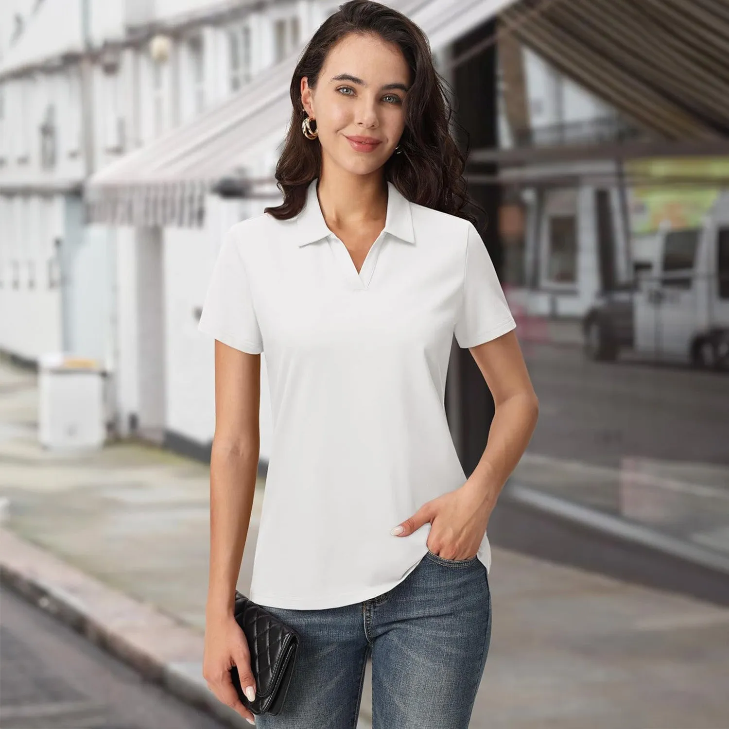 Women's Cotton V-Neck Polo Shirt | Short Sleeve Casual Golf & Work Tee