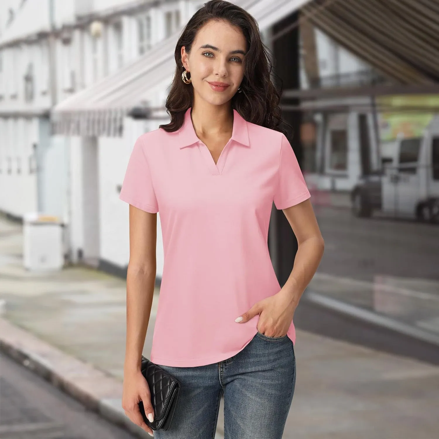 Women's Cotton V-Neck Polo Shirt | Short Sleeve Casual Golf & Work Tee