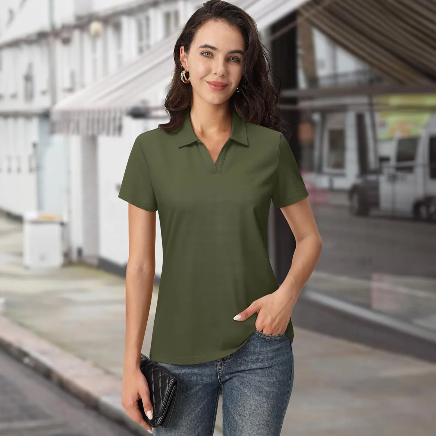 Women's Cotton V-Neck Polo Shirt | Short Sleeve Casual Golf & Work Tee