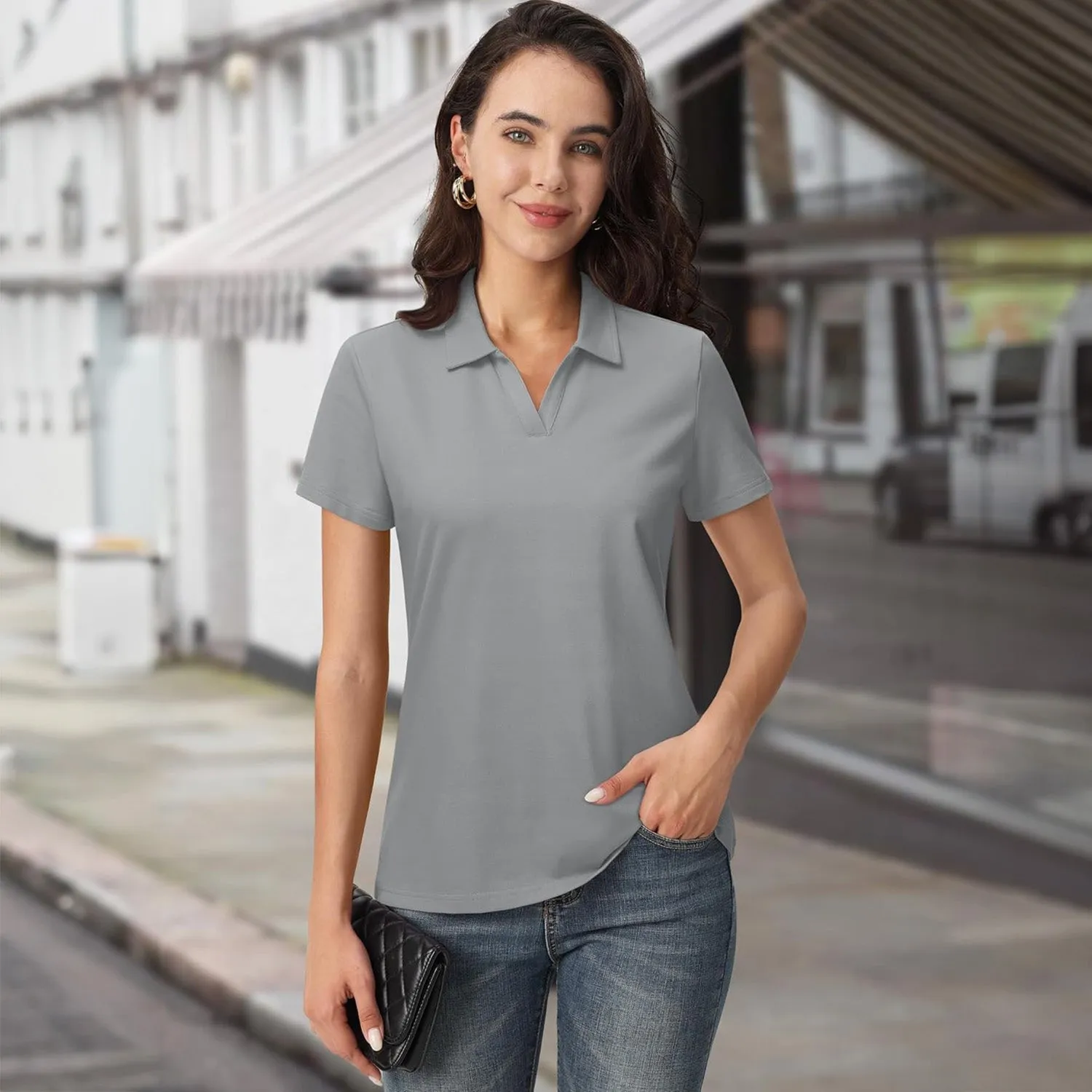 Women's Cotton V-Neck Polo Shirt | Short Sleeve Casual Golf & Work Tee
