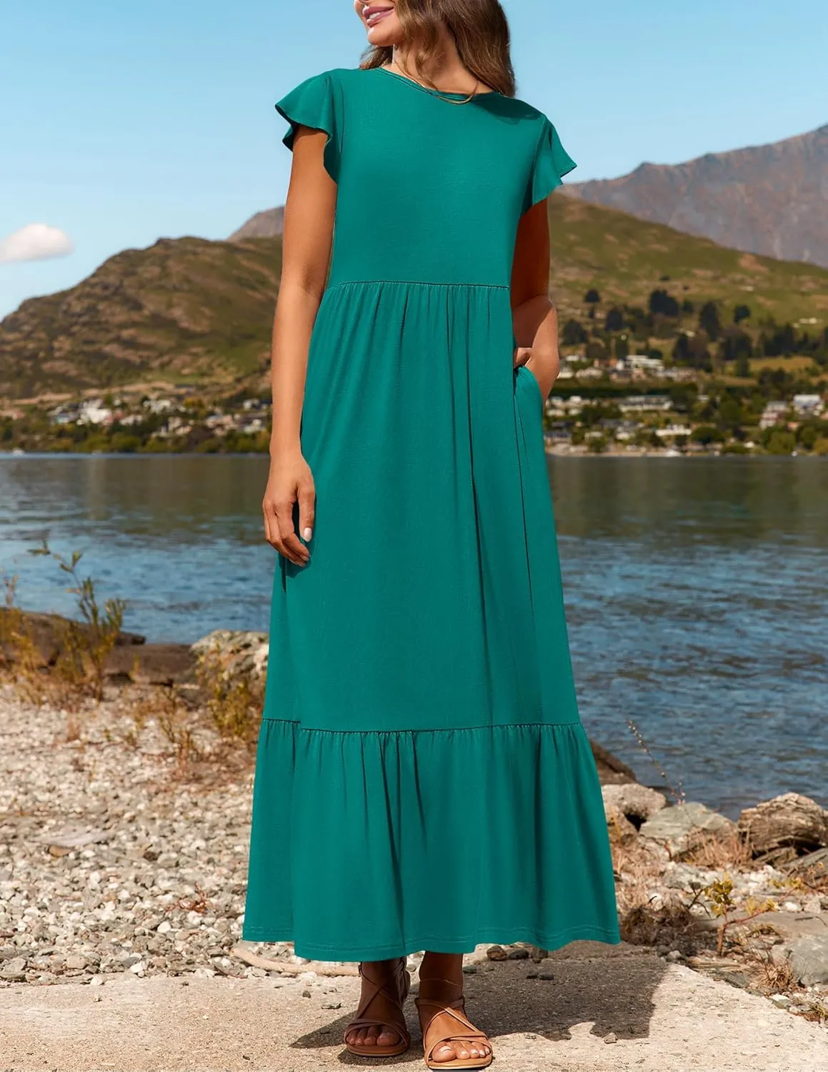 Womens Crew Neck Flutter Sleeve Boho Midi Dress Smocked A-Line Flowy Tiered Modest Midi Sundress