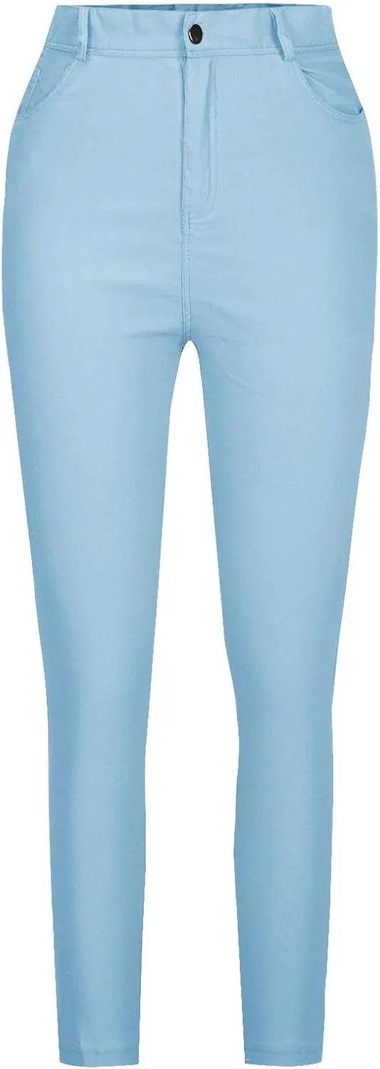 Women's Denim Pants Casual Stretchy Button Up Flat Front High Waisted Petite Jeans 70s Vintage Lounge Trousers Pants