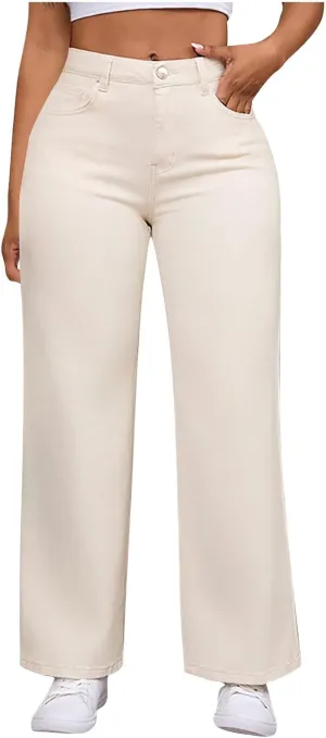 Women's Denim Pants Petite Button Up Wide Leg Jeans High Waisted Casual Summer Lounge Long Pants with Pockets