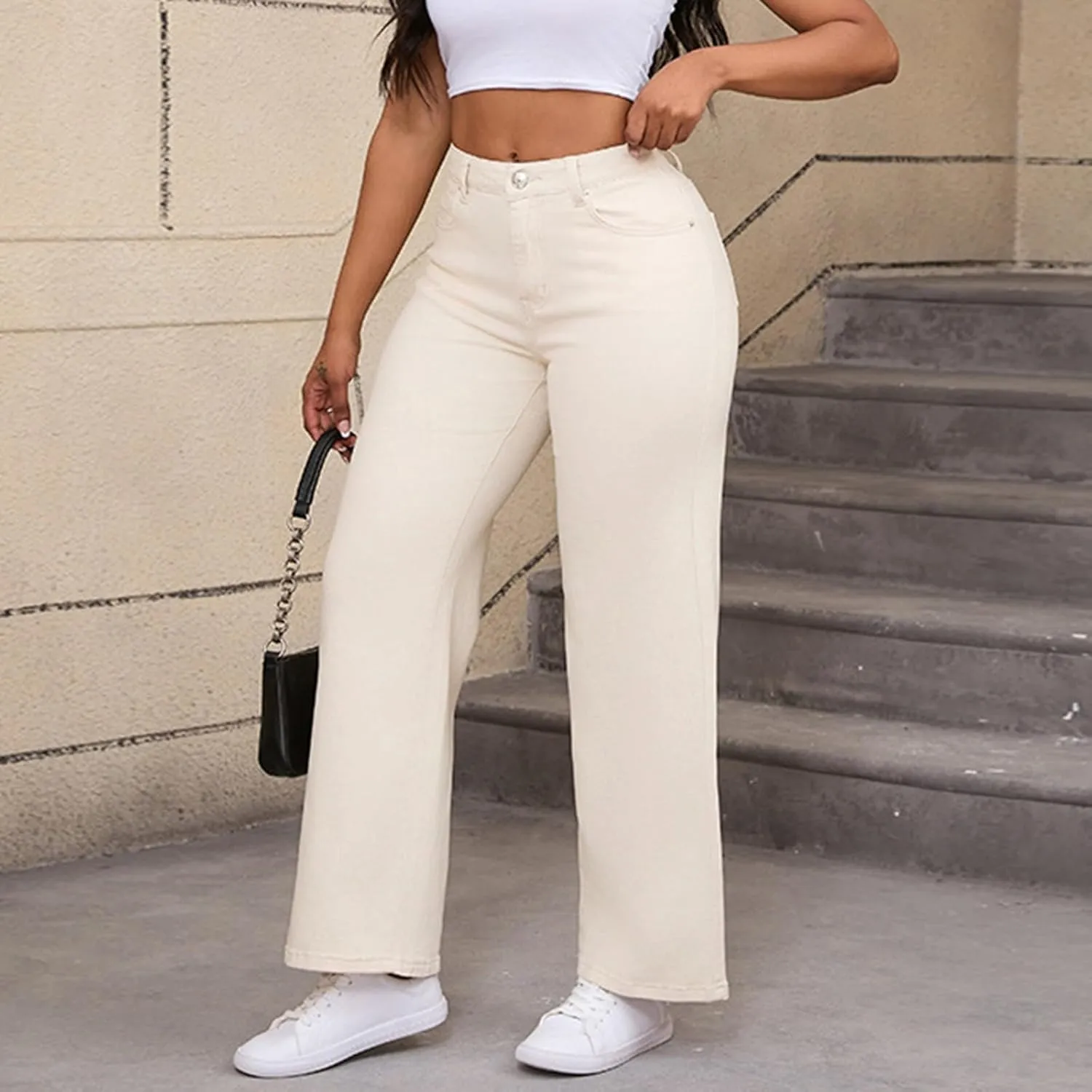 Women's Denim Pants Petite Button Up Wide Leg Jeans High Waisted Casual Summer Lounge Long Pants with Pockets