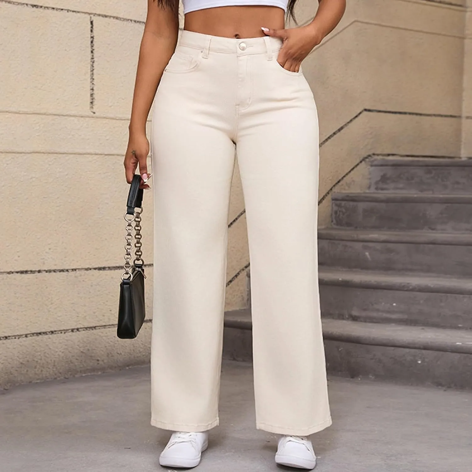 Women's Denim Pants Petite Button Up Wide Leg Jeans High Waisted Casual Summer Lounge Long Pants with Pockets