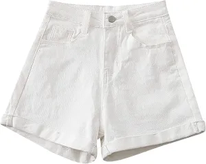Womens Denim Shorts High Waisted Stretchy Cuffed Jean Shorts Casual Rolled Cuff Cut Off Jeans Short Summer Beach Pants