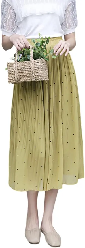 Women's Dot Print Midi Skirts Elastic High Waist Double Layer Chiffon Pleated Skirts Summer Casual A-line Skirts
