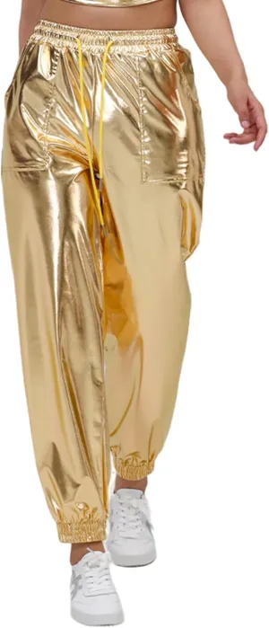 Womens Drawstring Cargo High Waist Jogger Pants Sexy Metallic Sparkly Wide Leg Pants Trousers Clubwear