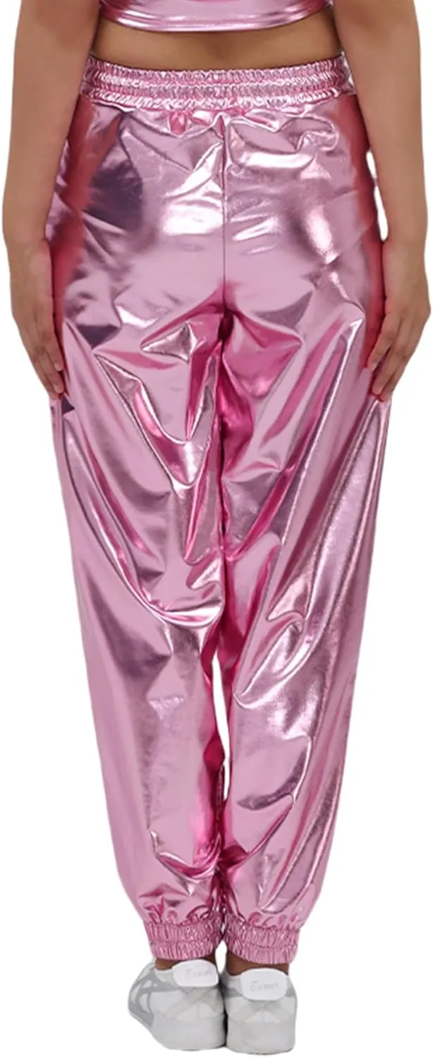 Womens Drawstring Cargo High Waist Jogger Pants Sexy Metallic Sparkly Wide Leg Pants Trousers Clubwear