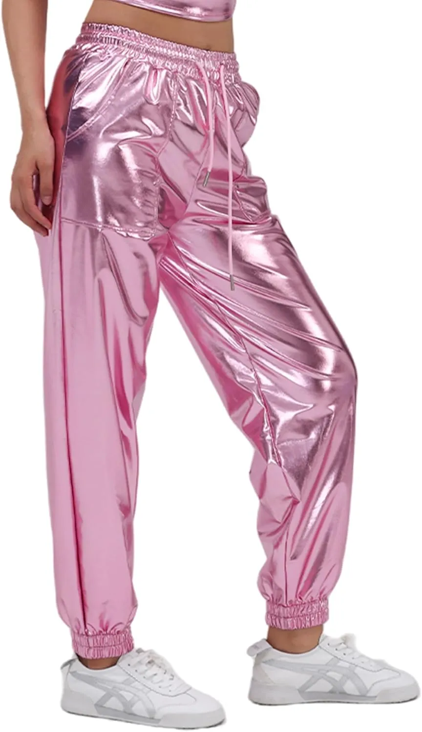 Womens Drawstring Cargo High Waist Jogger Pants Sexy Metallic Sparkly Wide Leg Pants Trousers Clubwear