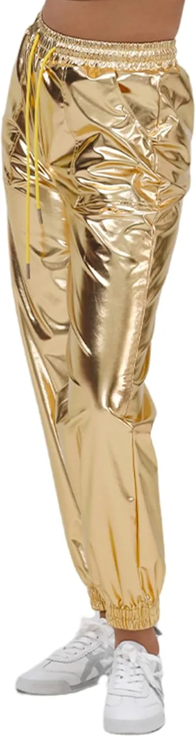 Womens Drawstring Cargo High Waist Jogger Pants Sexy Metallic Sparkly Wide Leg Pants Trousers Clubwear