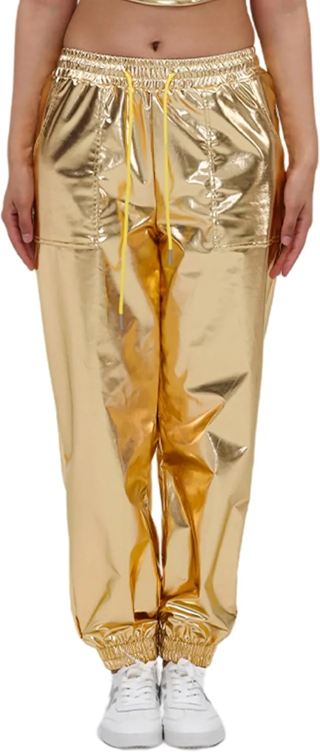 Womens Drawstring Cargo High Waist Jogger Pants Sexy Metallic Sparkly Wide Leg Pants Trousers Clubwear