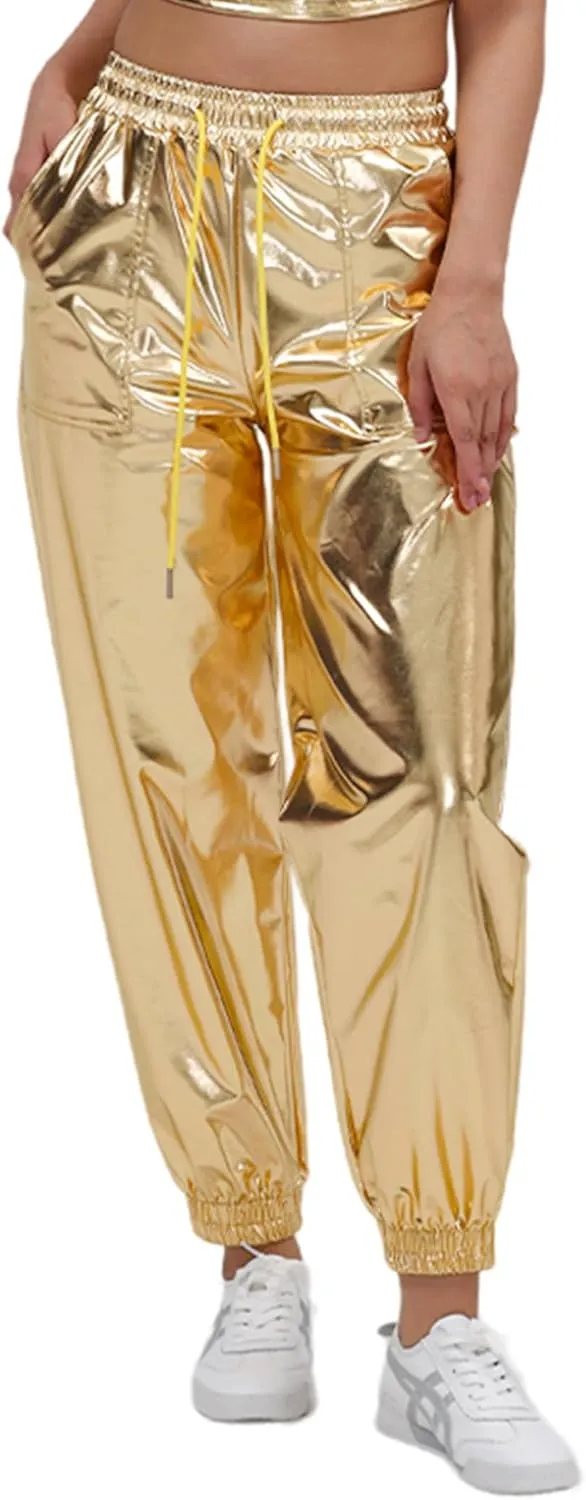 Womens Drawstring Cargo High Waist Jogger Pants Sexy Metallic Sparkly Wide Leg Pants Trousers Clubwear