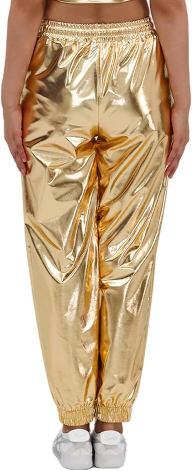 Womens Drawstring Cargo High Waist Jogger Pants Sexy Metallic Sparkly Wide Leg Pants Trousers Clubwear
