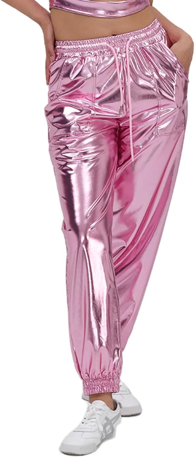Womens Drawstring Cargo High Waist Jogger Pants Sexy Metallic Sparkly Wide Leg Pants Trousers Clubwear