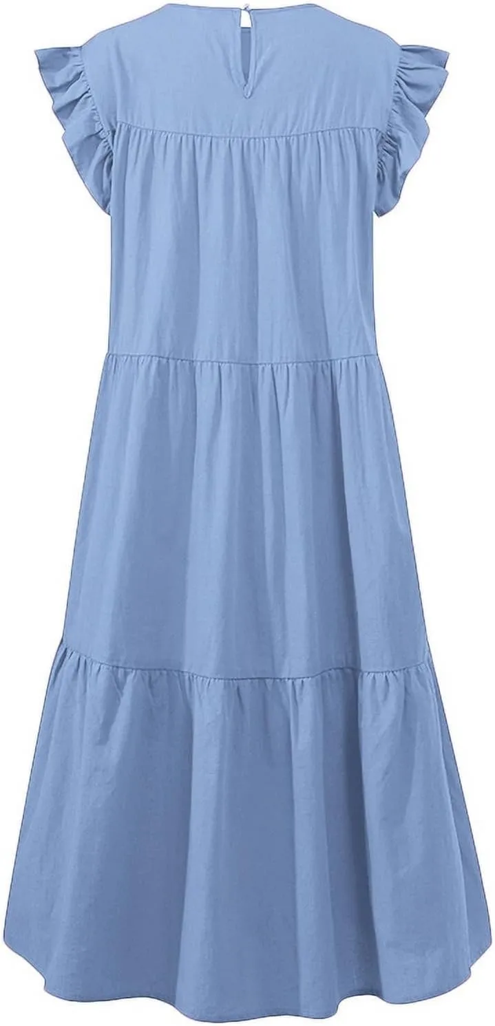 Women's Dress Ruffled Sleeve Graduation Dresses Solid Color Round Neck Short Summer Dress Vacation, S-5XL