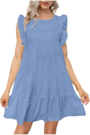Women's Dress Ruffled Sleeve Graduation Dresses Solid Color Round Neck Short Summer Dress Vacation, S-5XL