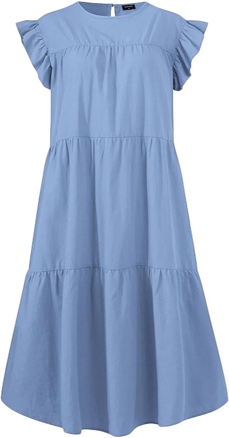 Women's Dress Ruffled Sleeve Graduation Dresses Solid Color Round Neck Short Summer Dress Vacation, S-5XL
