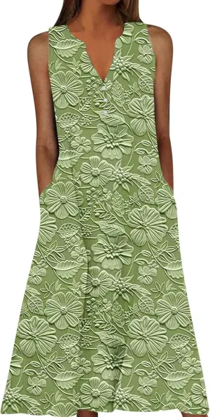 Women's Embossed Floral Printed Midi Dresses with Pockets Loose Button V Neck Summer Sleeveless A-Line Casual Plus Size Dress