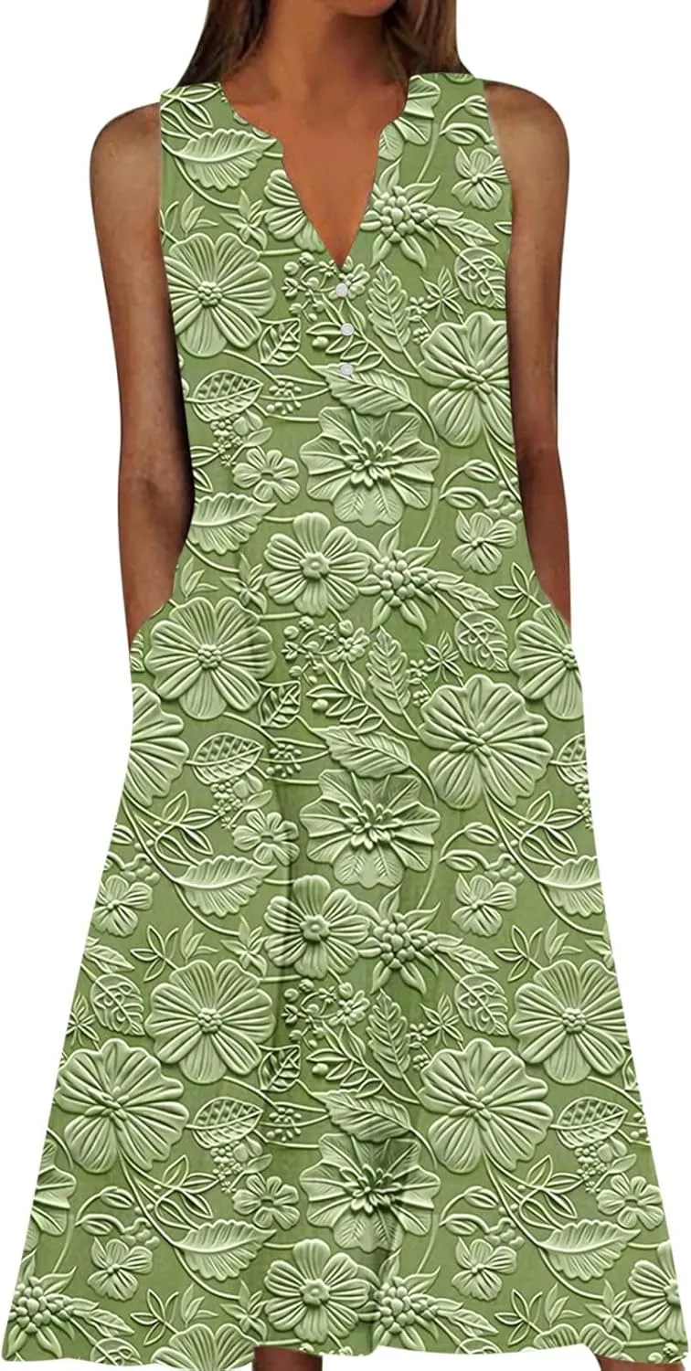 Women's Embossed Floral Printed Midi Dresses with Pockets Loose Button V Neck Summer Sleeveless A-Line Casual Plus Size Dress