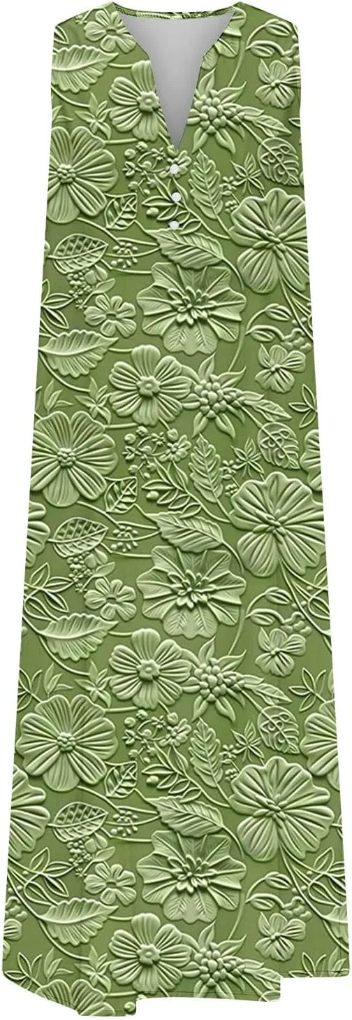 Women's Embossed Floral Printed Midi Dresses with Pockets Loose Button V Neck Summer Sleeveless A-Line Casual Plus Size Dress