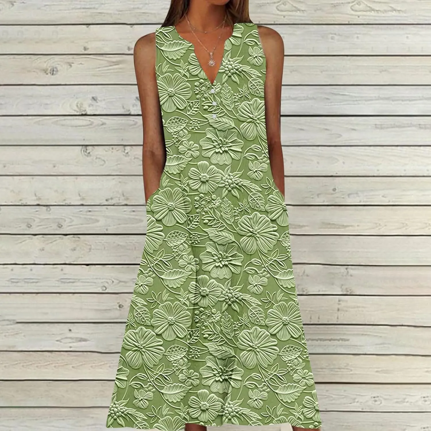 Women's Embossed Floral Printed Midi Dresses with Pockets Loose Button V Neck Summer Sleeveless A-Line Casual Plus Size Dress
