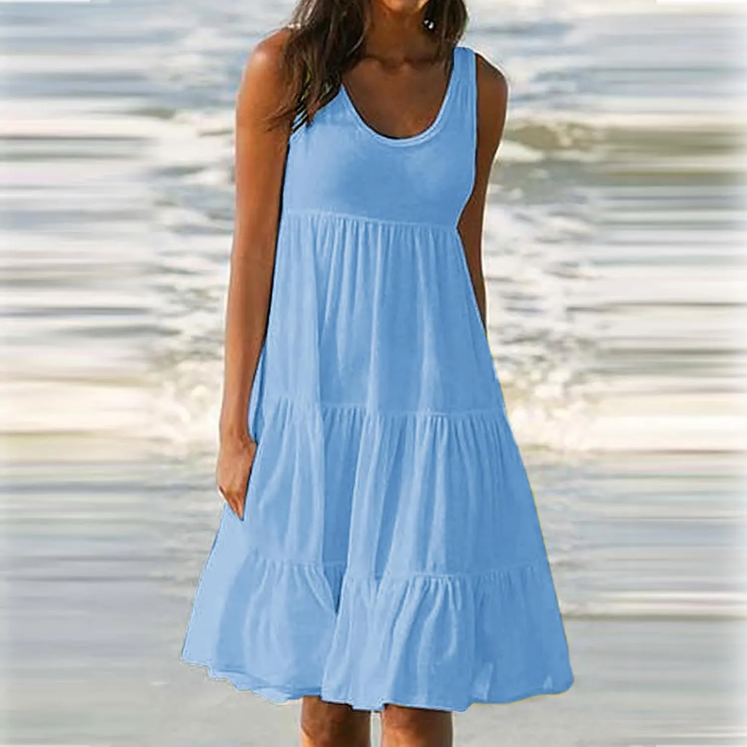 Womens Fashion Holiday Summer Dresses Sleeveless Party Beach Dress Round Neck Gradient Print Tank Dress Sundress