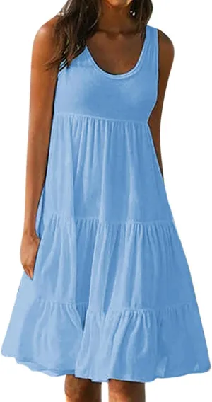 Womens Fashion Holiday Summer Dresses Sleeveless Party Beach Dress Round Neck Gradient Print Tank Dress Sundress