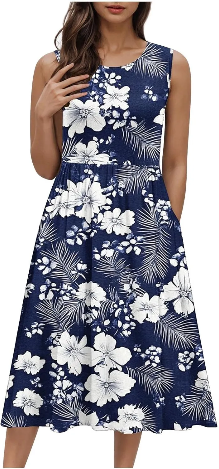 Women's Floral Print Beach Sundress Summer Casual Loose Sleeveless A Line Dress Round Neck Beach Flowy Maxi Dress